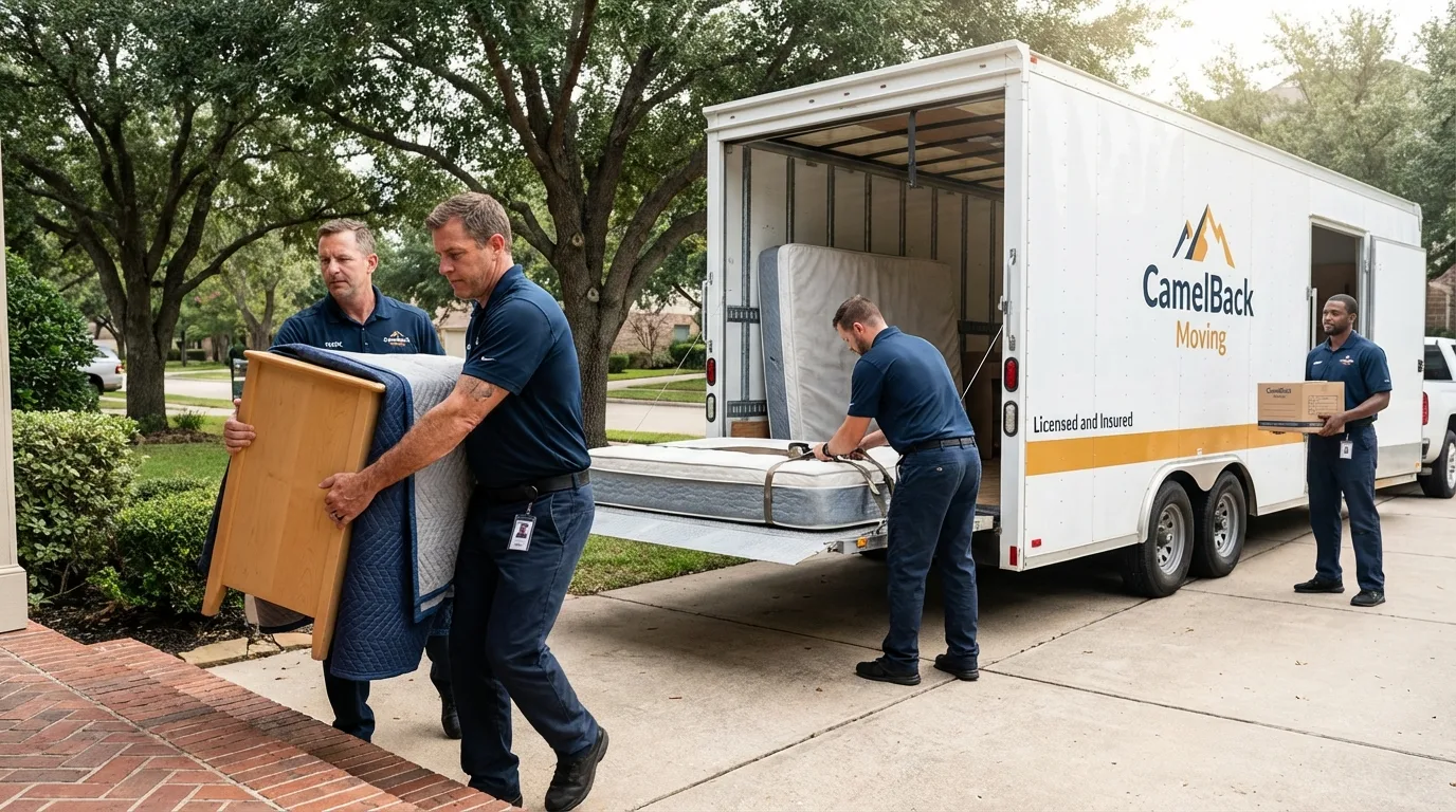 Crew loading residential truck for cross-state move from Aliceville, AL