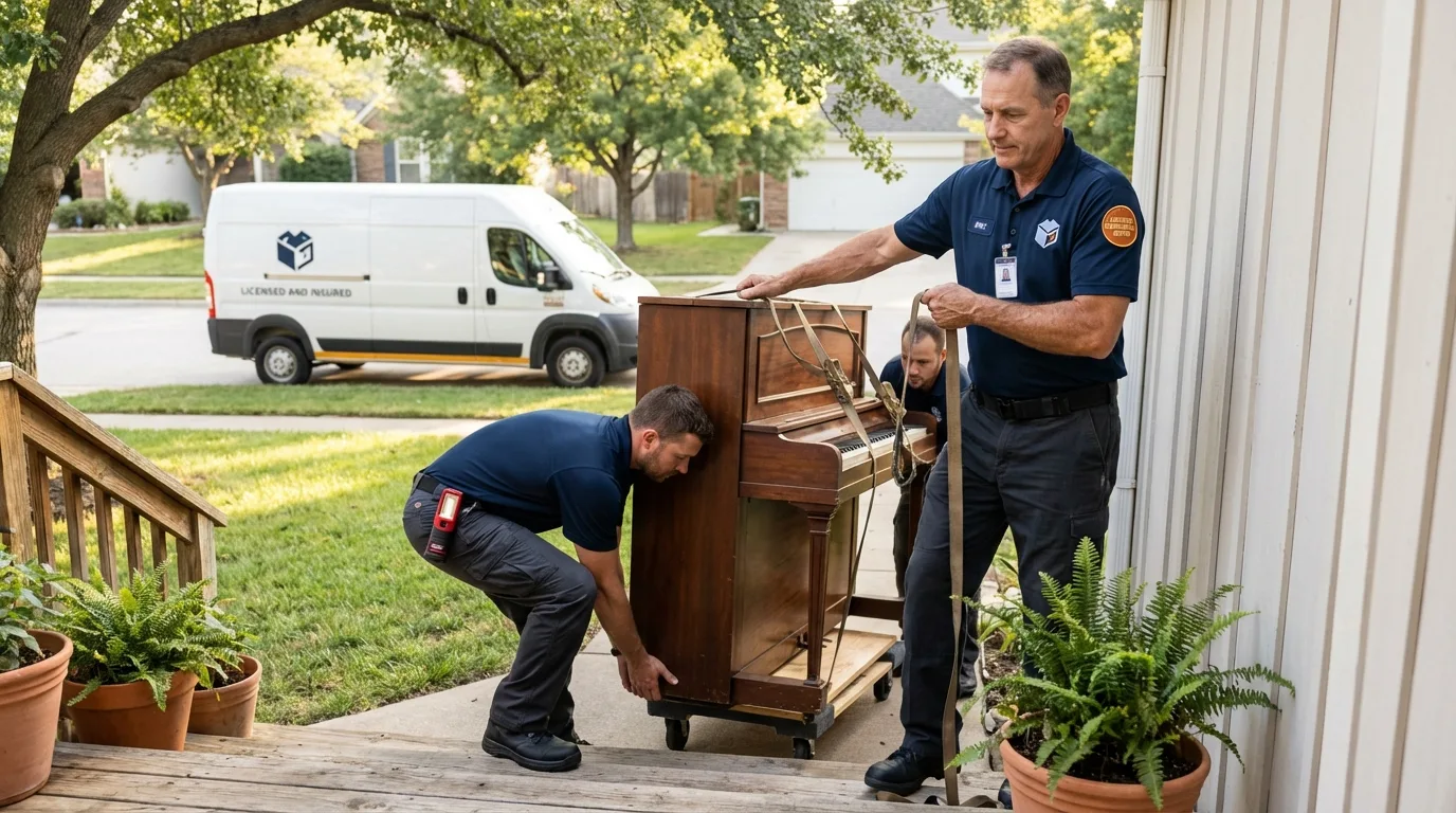Licensed piano movers securing grand piano in Aliceville, AL