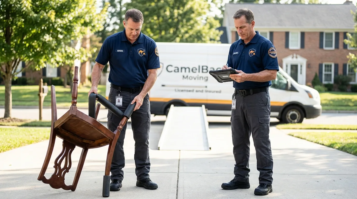 Movers inspecting furniture for damage prevention before loading in Aliceville, AL