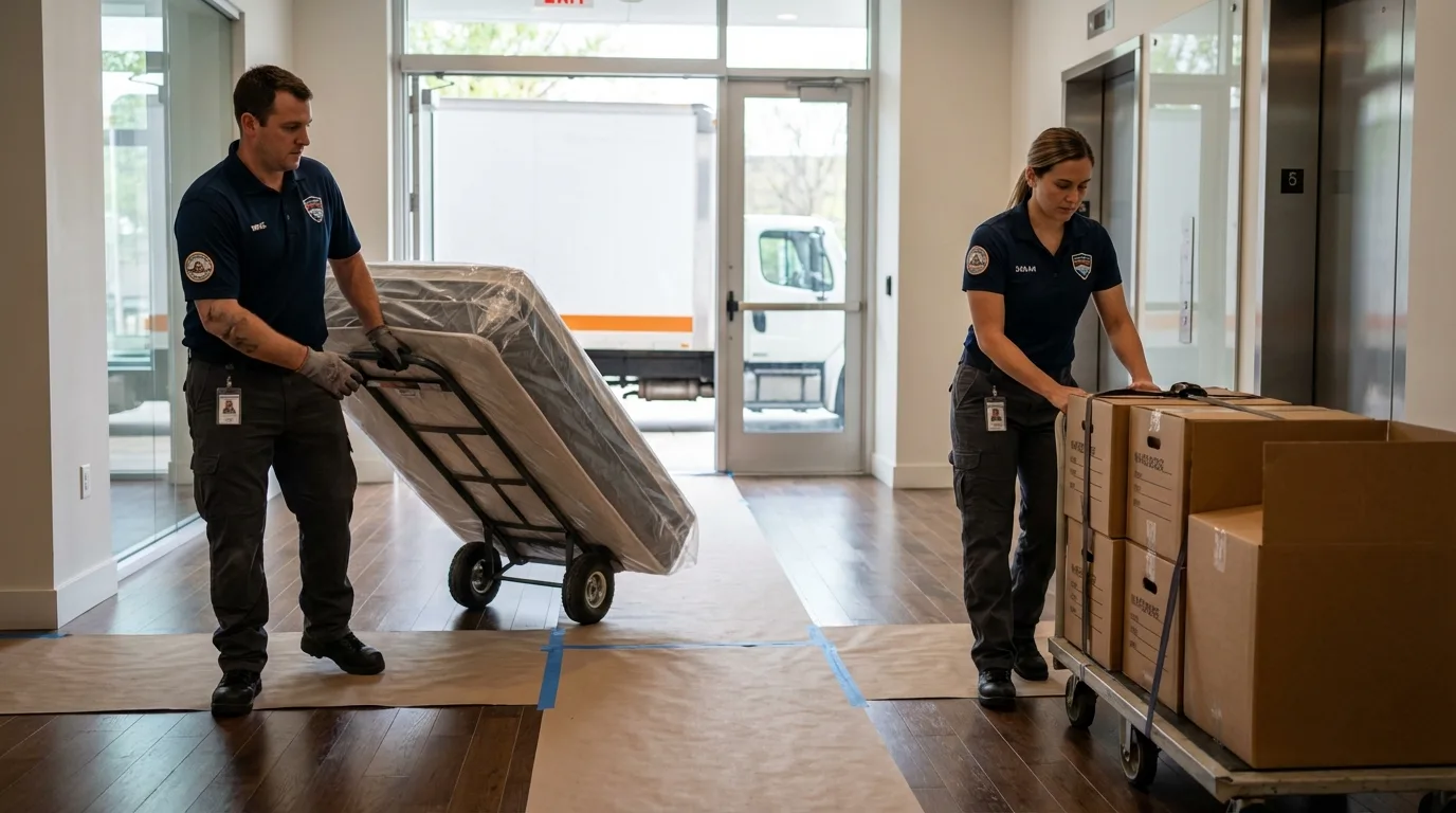 Professional apartment movers loading elevator in Aliceville, AL
