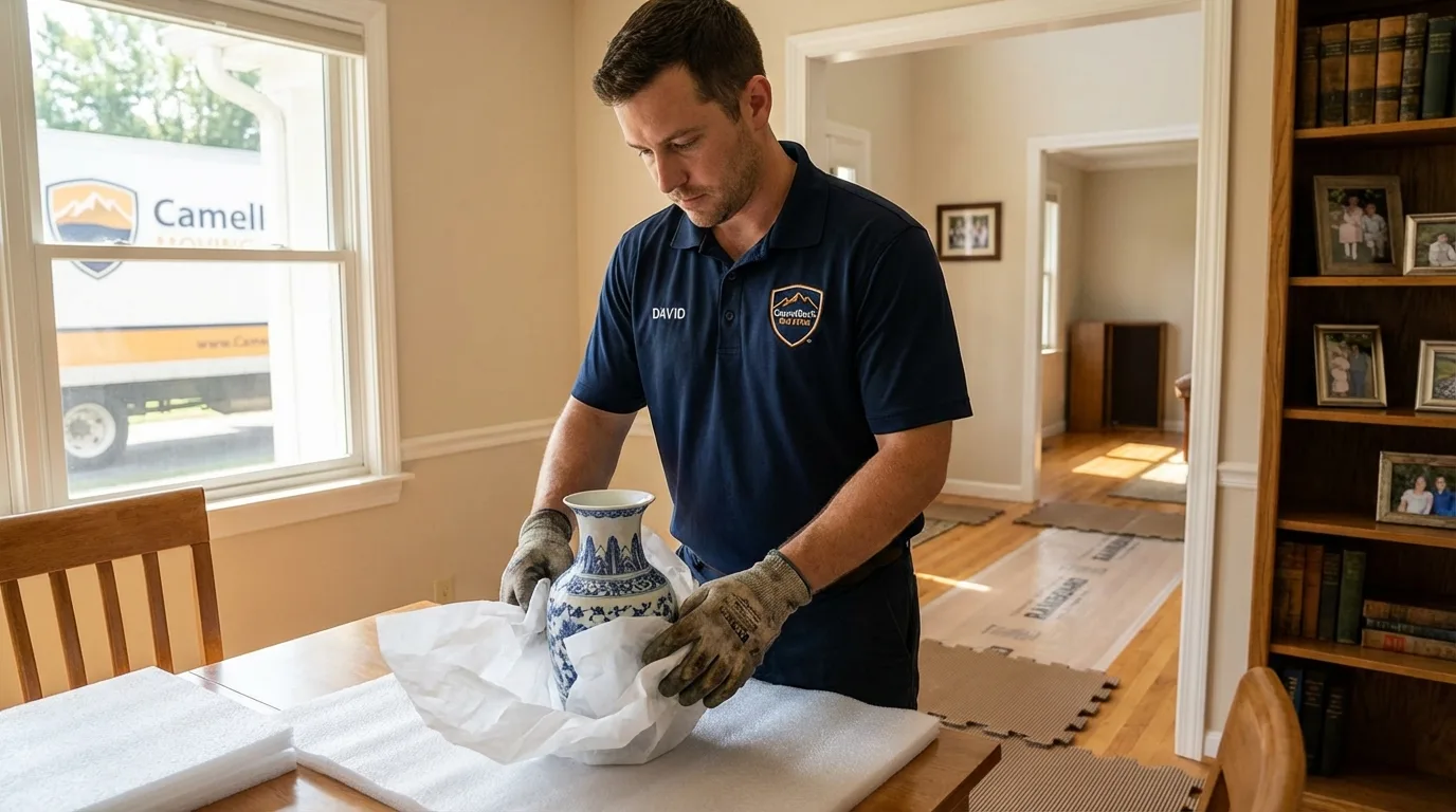 Professional crew carefully wrapping antique vase for senior downsizing move in Aliceville, AL